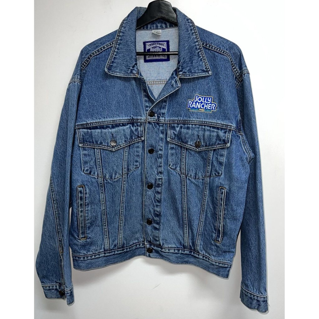 Vintage 90s Hard Rock Cafe Jolly Rancher Mens Denim Blue Jean Jacket Sz L Promo